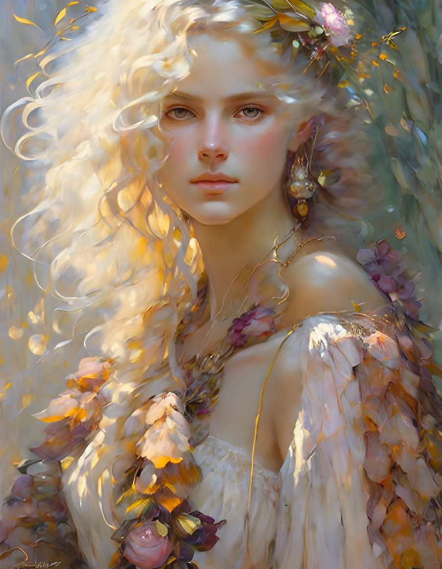 Ethereal blonde woman with floral dress and wavy hair