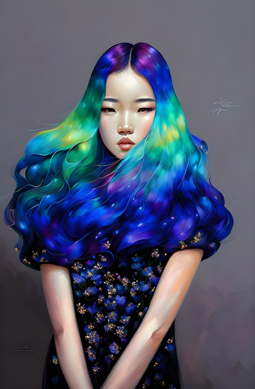 Illustration of woman with blue and green hair in dark floral dress