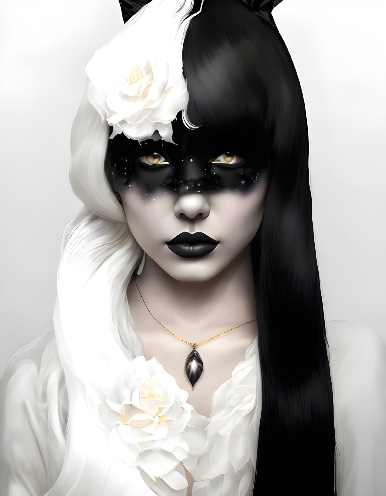 Digital artwork featuring woman with dual-tone hairstyle, starry eye makeup, floral headpiece, pendant necklace