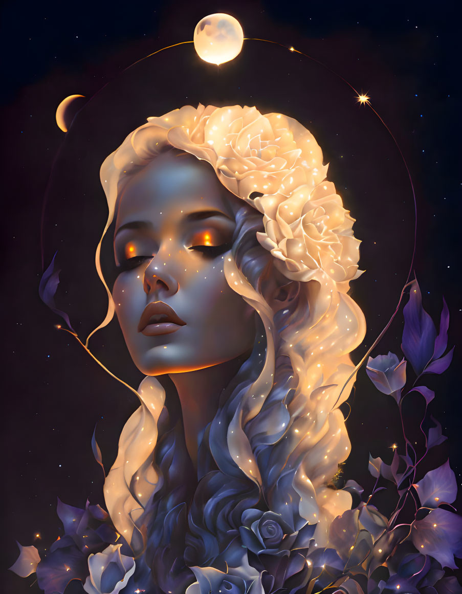 Illustration of woman with glowing eyes and planet halo in starry night scene