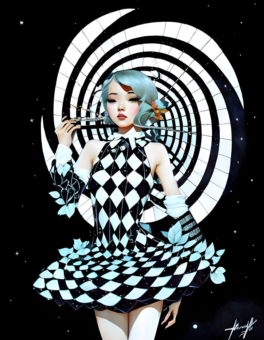 Woman with Aqua Hair in Checkered Dress Holding Violin on Spiral Background