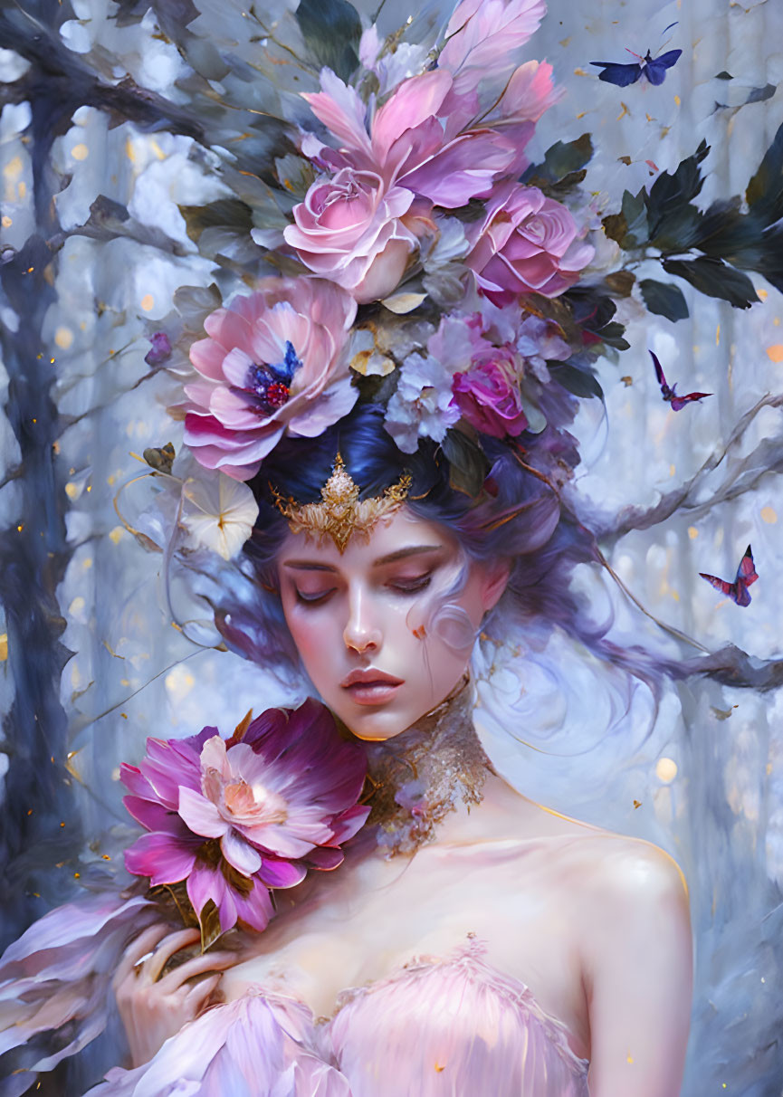 Fantastical painting of woman with violet hair and floral crown among butterflies in forest.