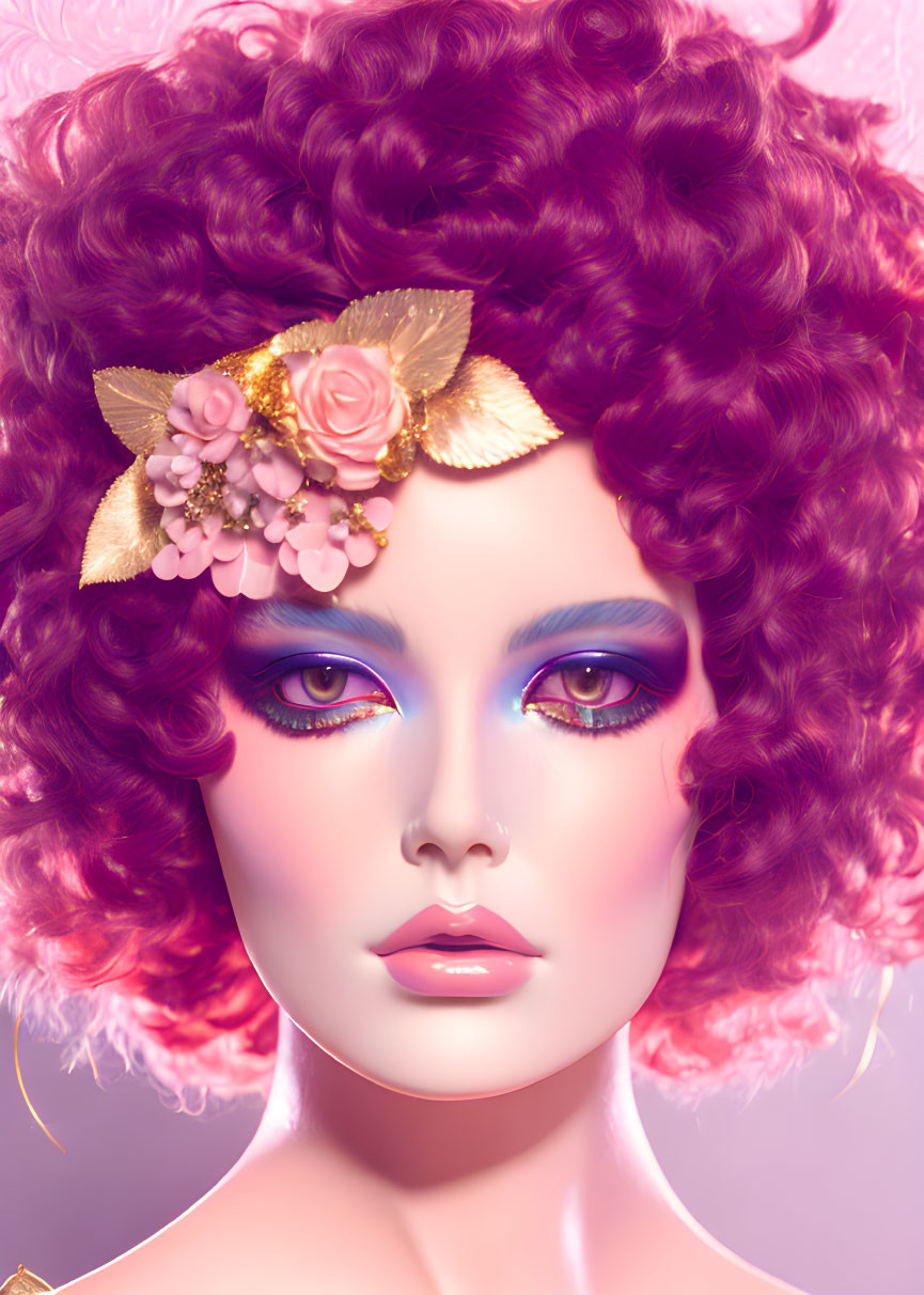 Stylized portrait of woman with purple curly hair and gold floral headpiece