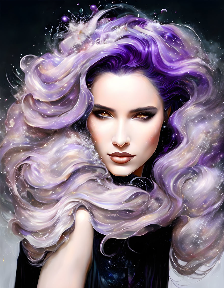 Digital artwork of woman with flowing purple galaxy hair & celestial elements.