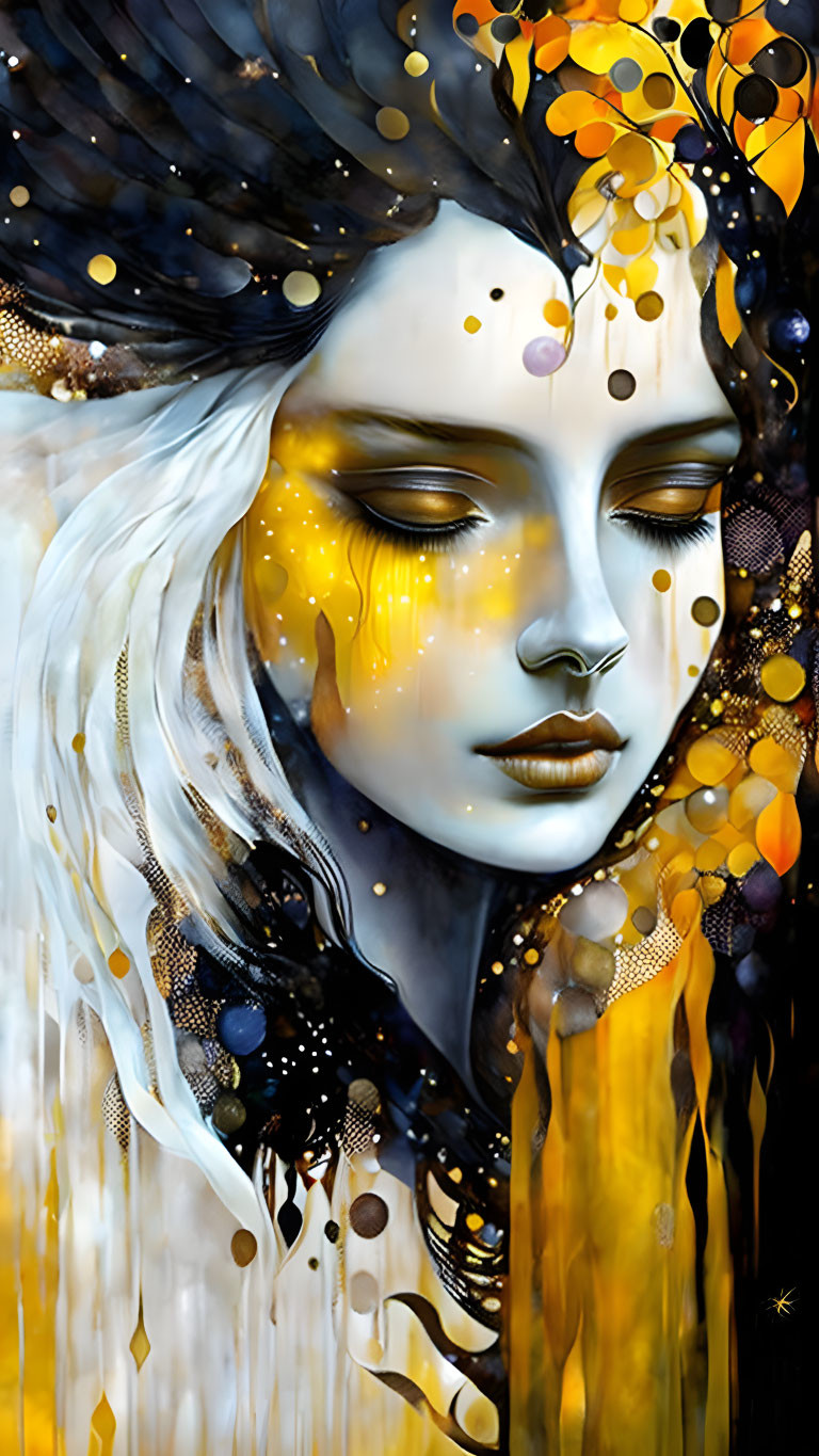 Woman with Black and White Hair and Yellow Accents in Abstract Golden Setting