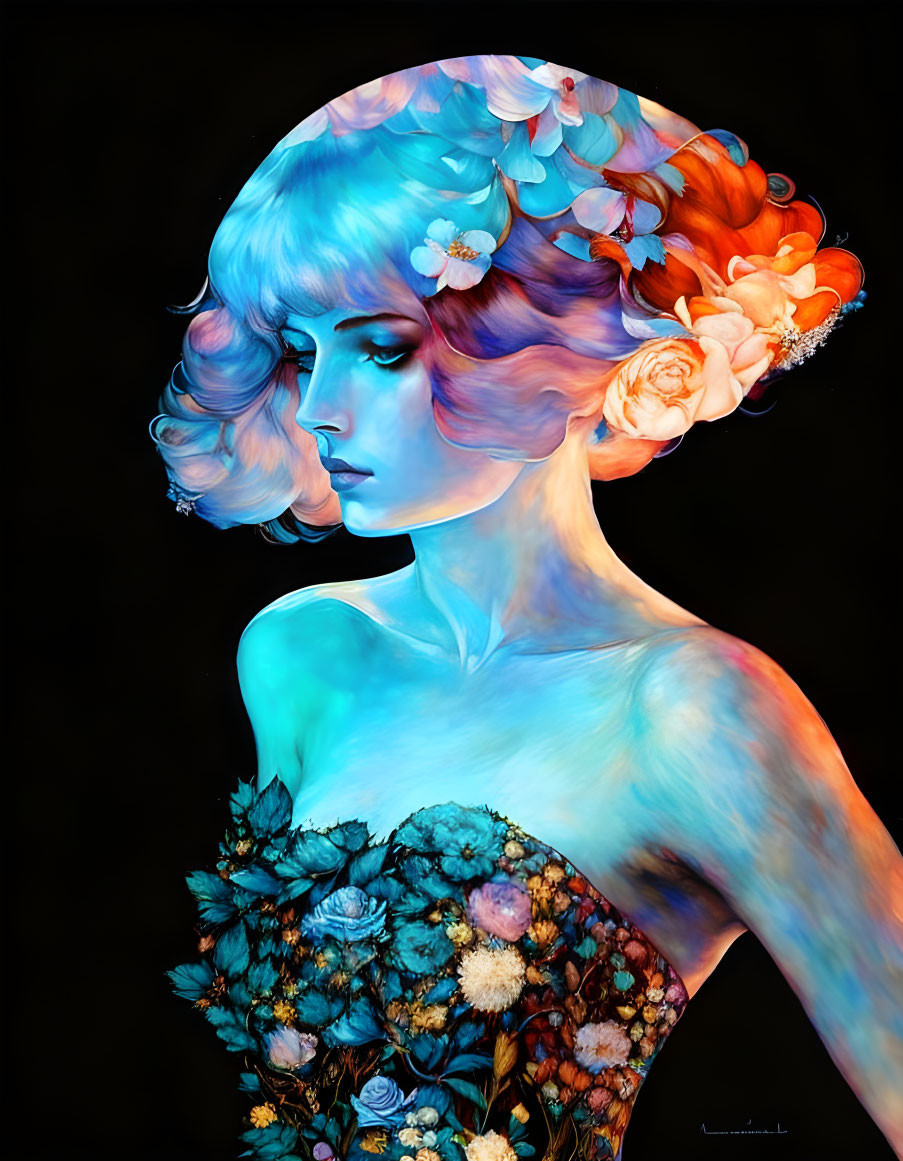 Colorful flower-adorned woman with blue skin on black background