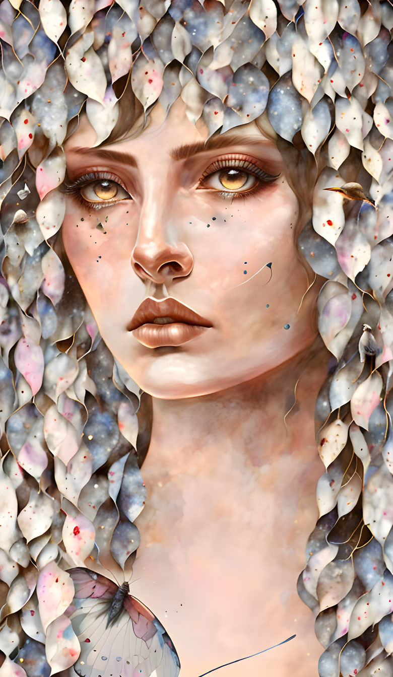 Digital painting of woman with captivating gaze and intricate headdress.