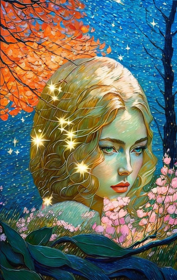 Illustration of woman's face with nature elements: stars, trees, blossoms