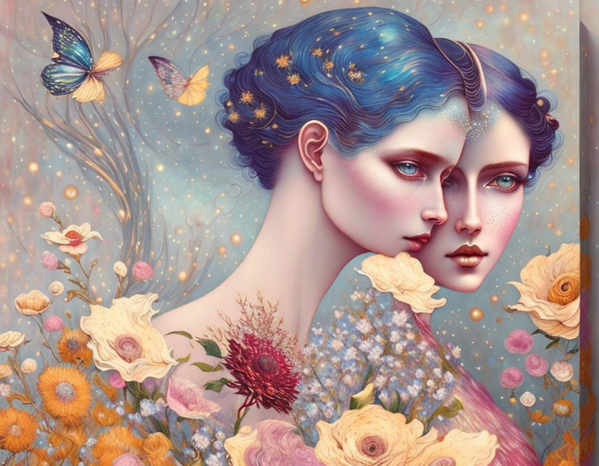 Illustration of two faces with blue hair in starry night sky with flowers & butterflies