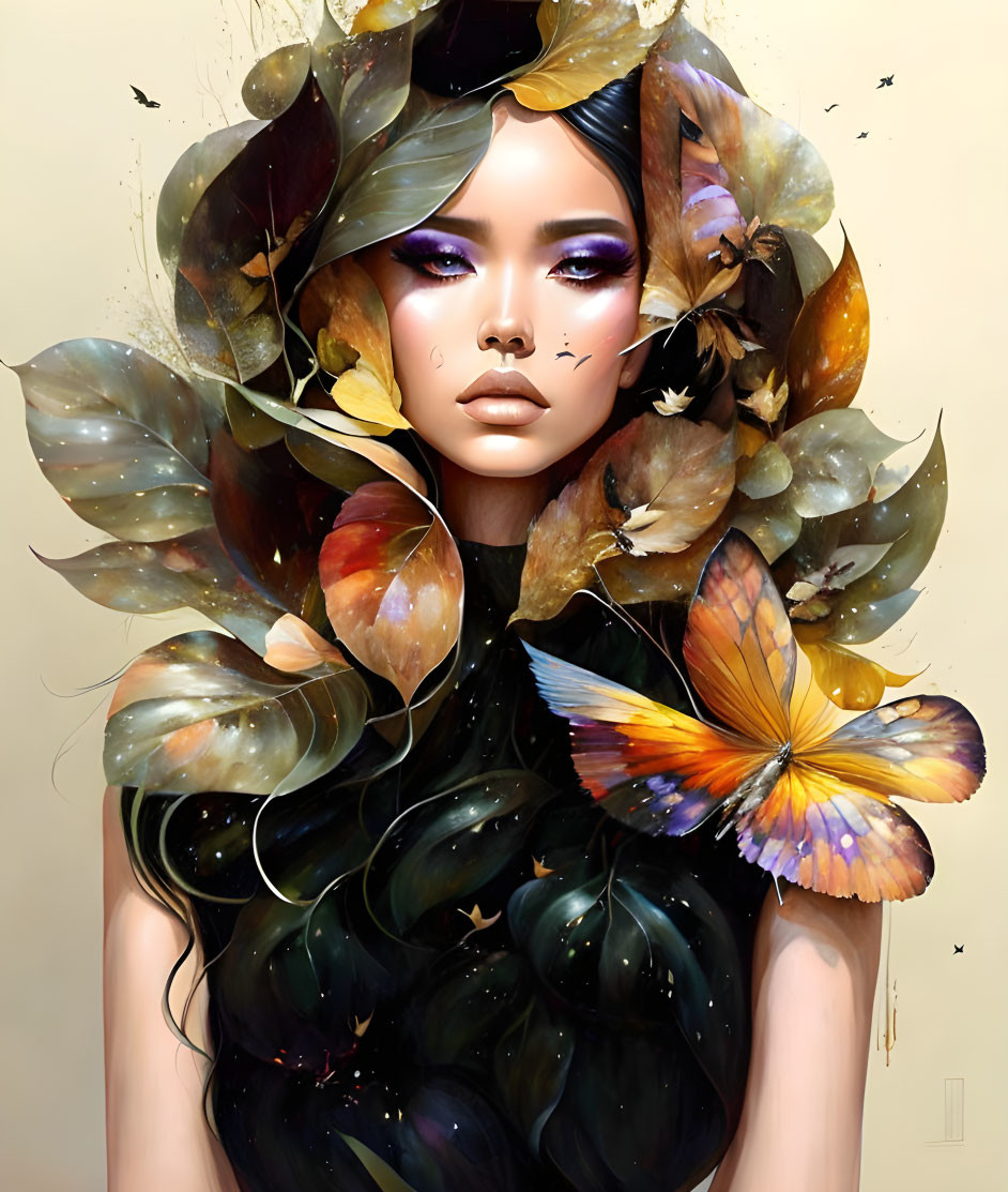 Colorful digital portrait: Woman with butterfly wings & leaf hair integration