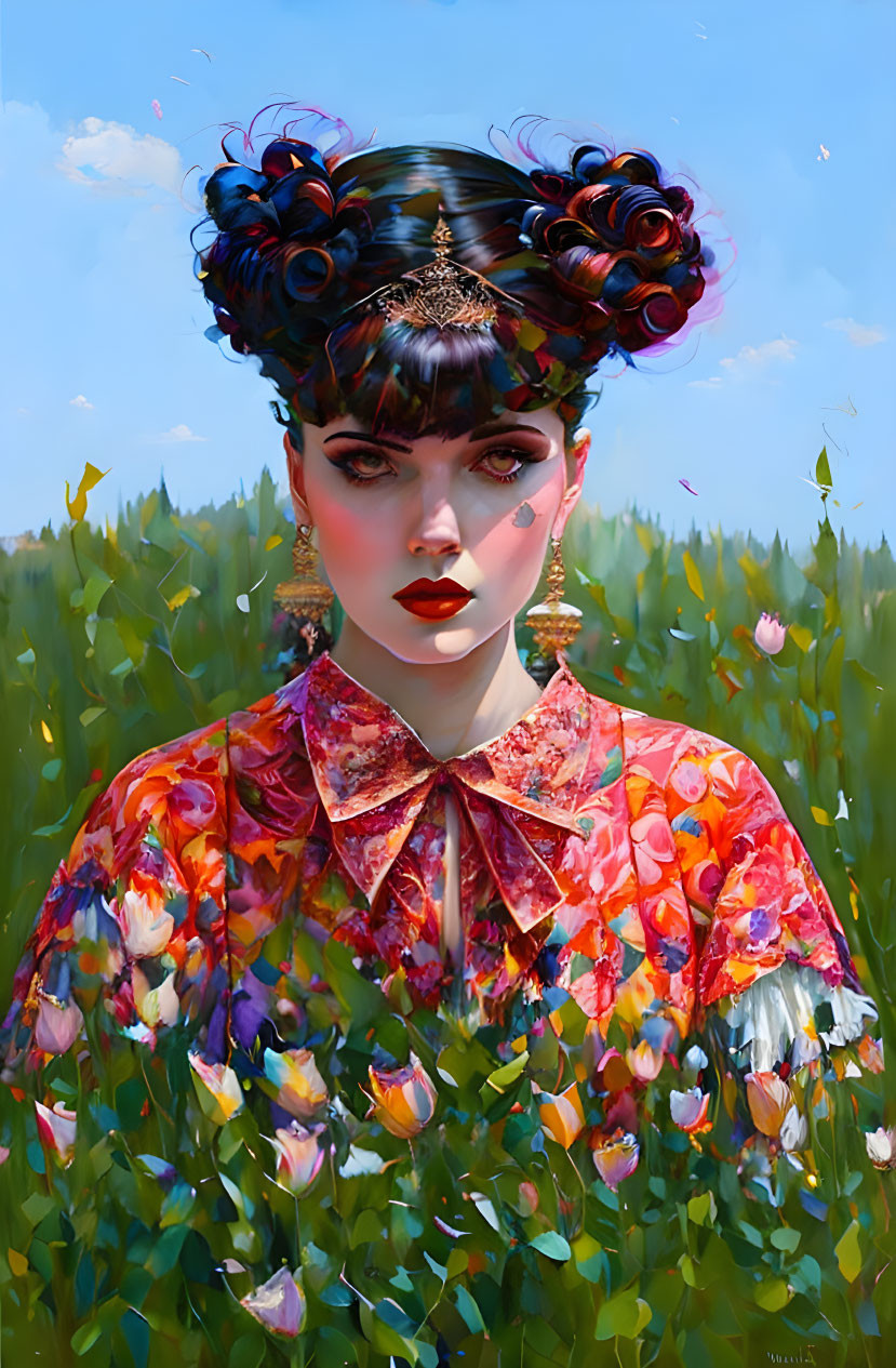 Intricate hair and ornate headpiece on woman in vibrant floral blouse