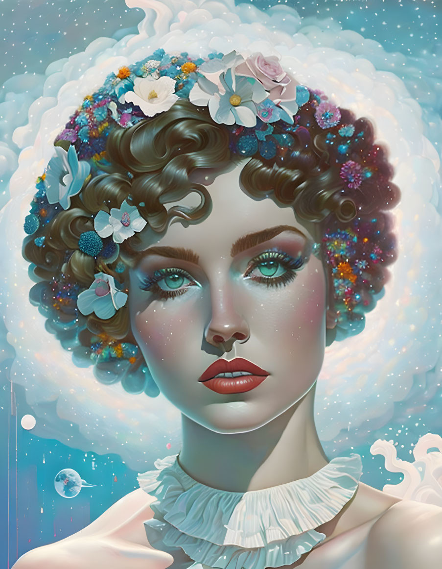 Surreal portrait of woman with cosmic-themed afro and flowers in celestial setting