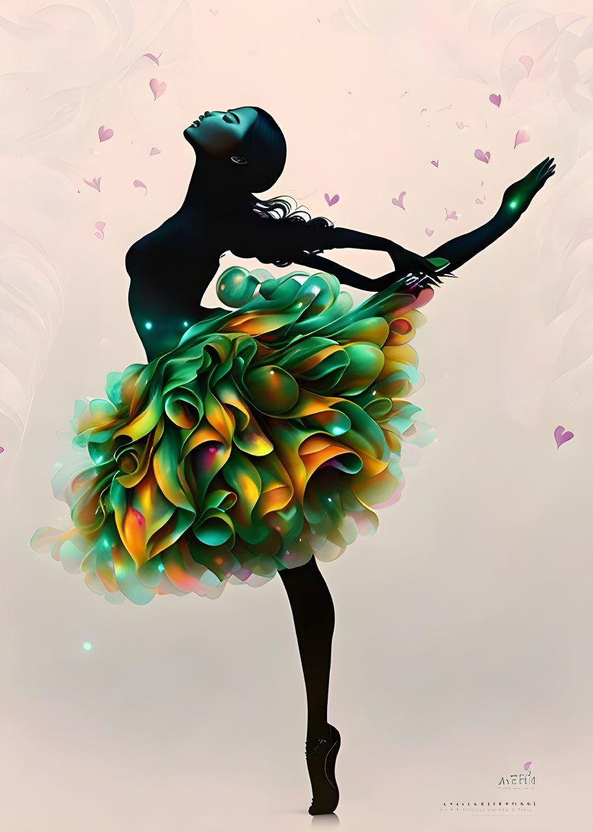 Female dancer silhouette in leaf-textured dress on pink background.