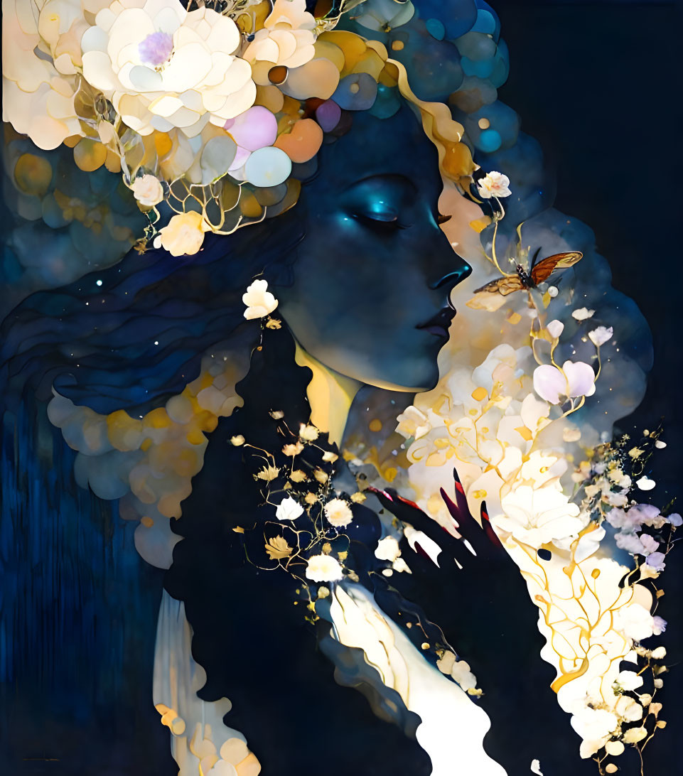 Blue-skinned woman with luminescent flowers and butterfly on dark backdrop