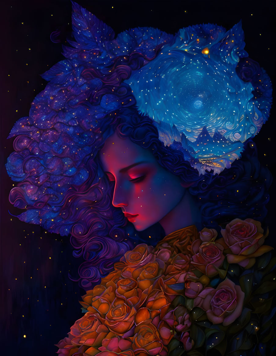 Surreal portrait of woman with galaxy hair, wolf silhouette, and orange roses