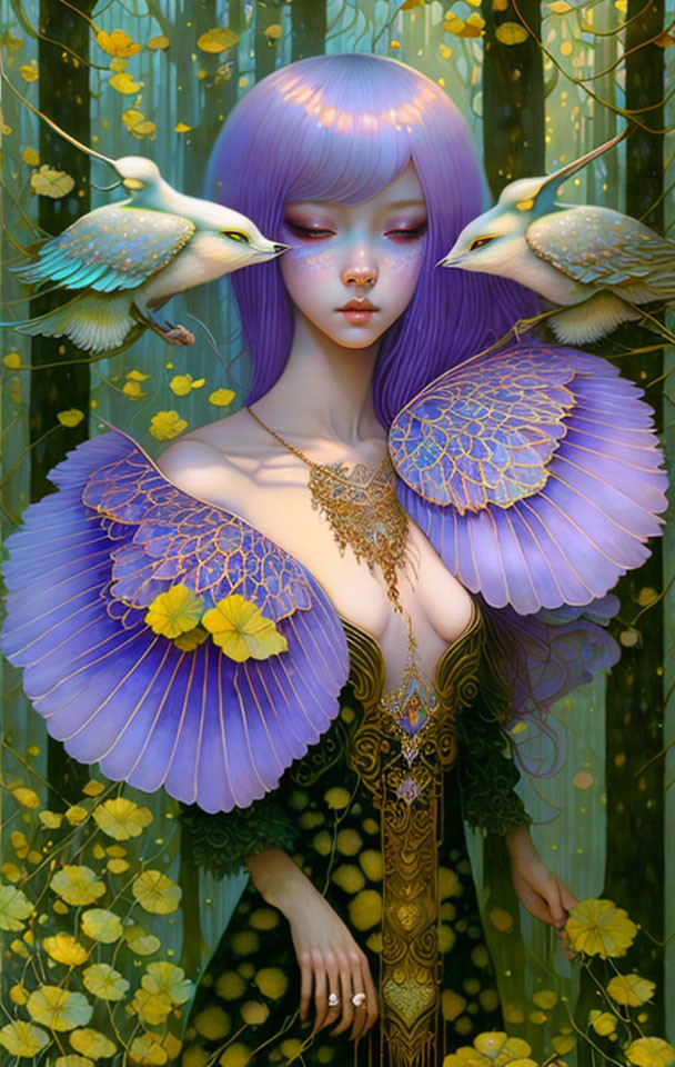 Fantastical purple-haired character with blue butterfly wings in nature scene