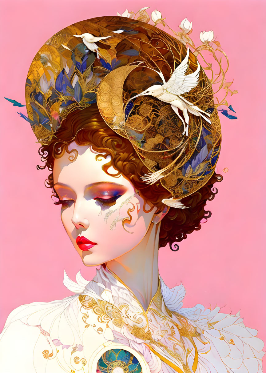 Illustrated portrait of woman in golden headgear with birds and flowers, white attire on pink background