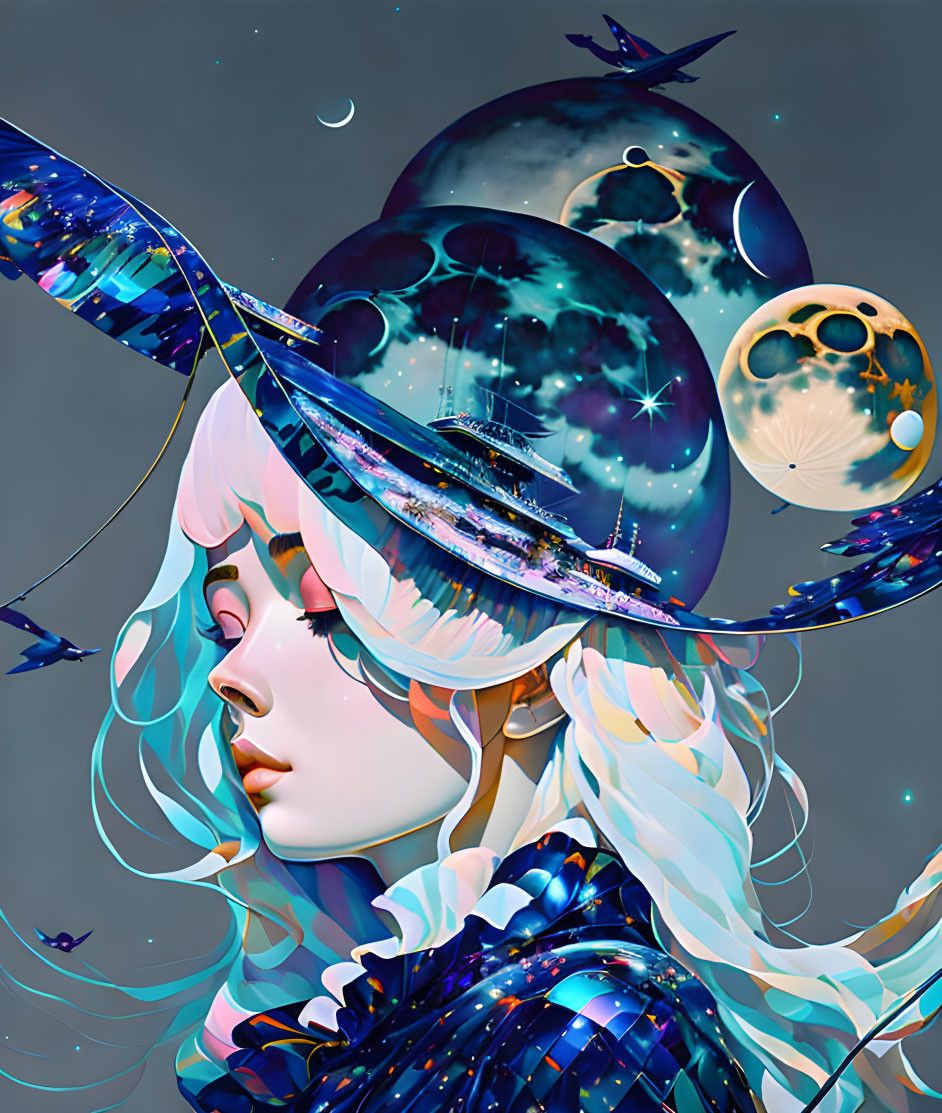 Digital artwork featuring woman with cosmic elements in blue, white, and yellow palette