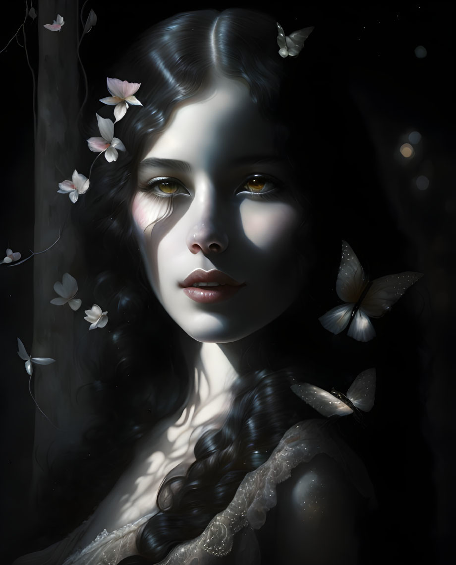 Woman with Dark Hair and Fair Skin Among Butterflies and Petals in Mystical Light