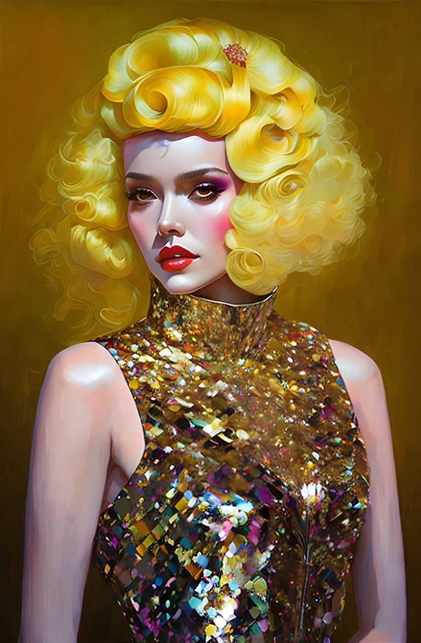 Blonde woman digital artwork with gold sequined top