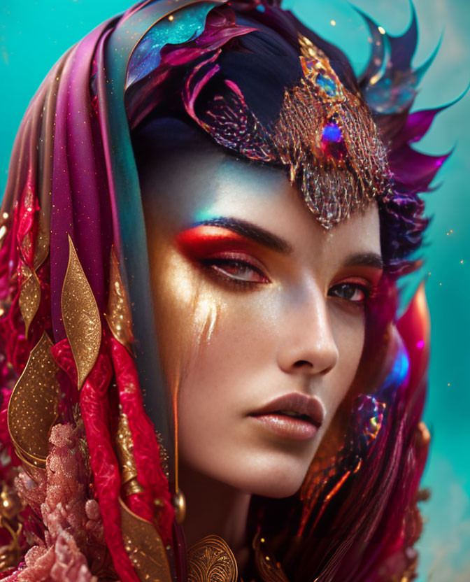 Colorful fantasy makeup and headdress with golden adornments and forehead jewel