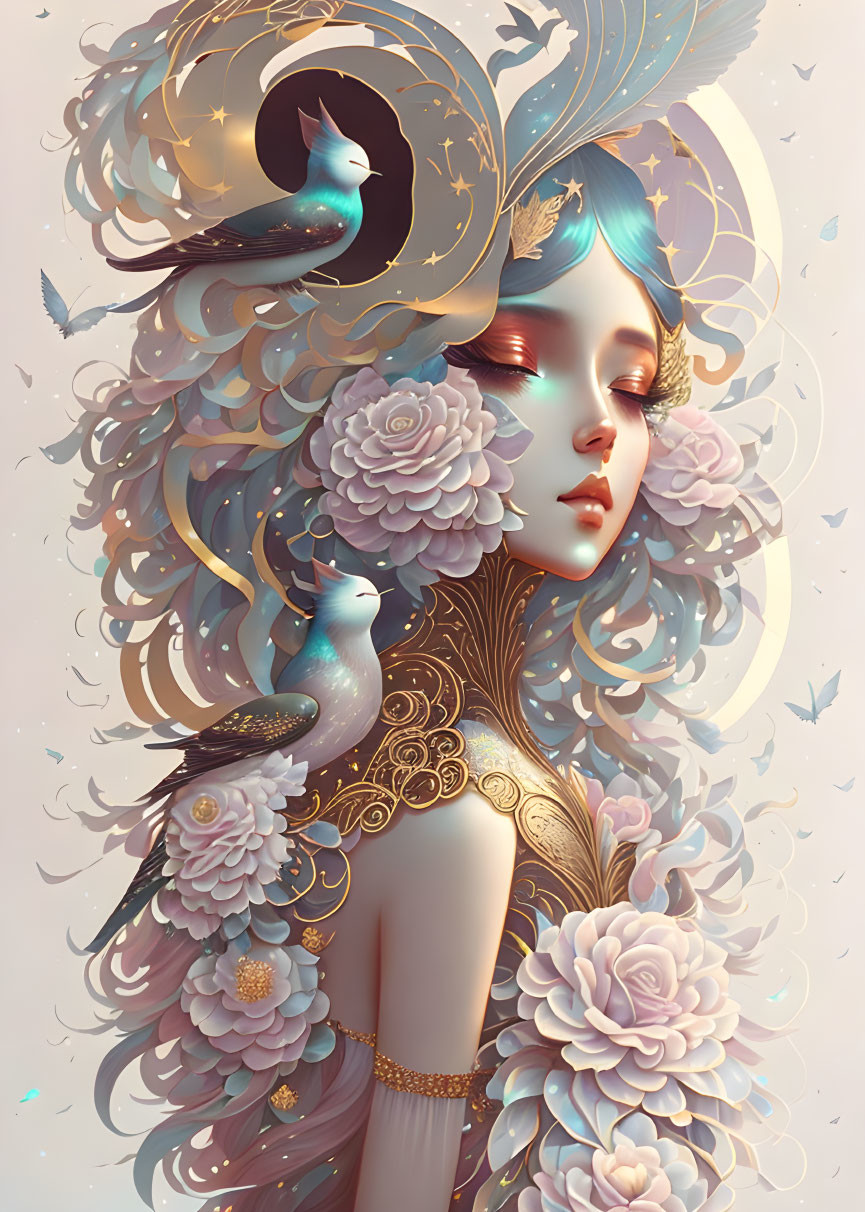 Illustration of woman with wavy hair, golden ornaments, blue birds, and pastel flowers