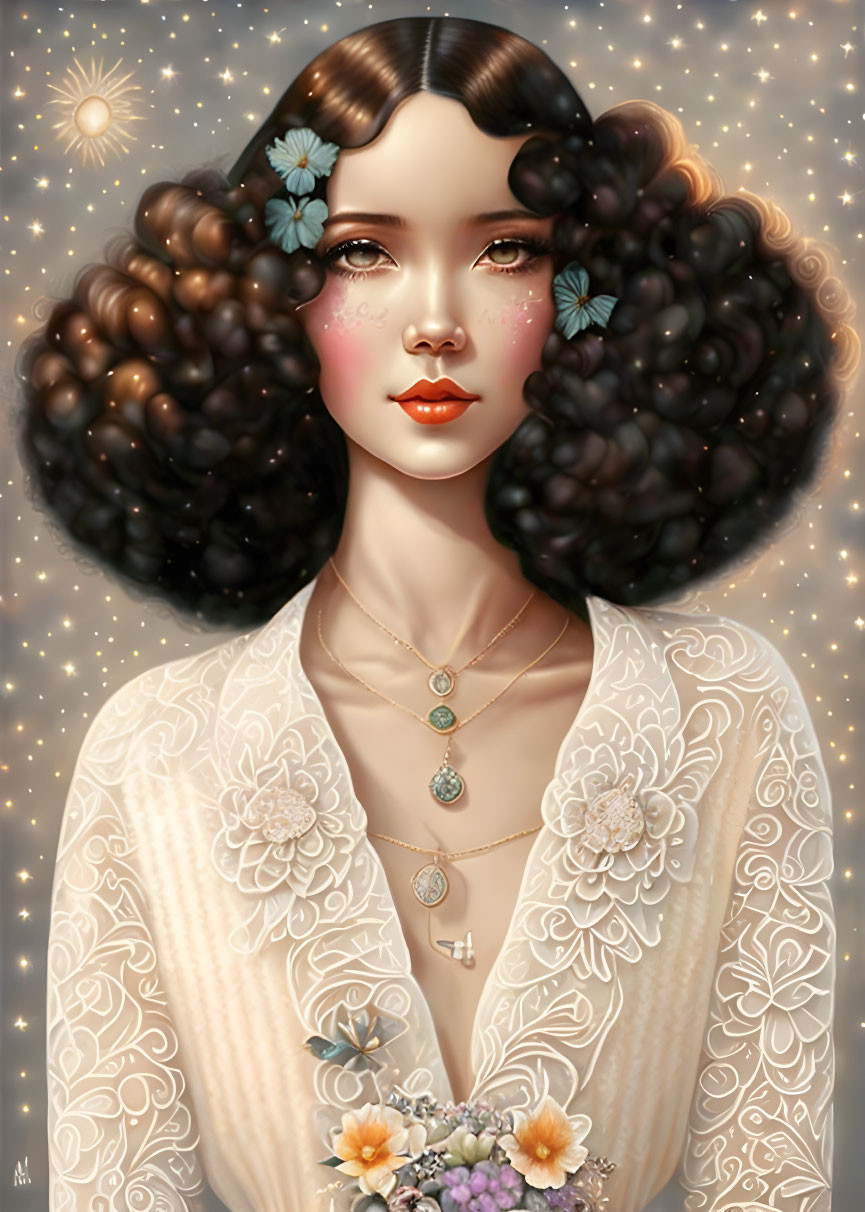 Woman with Voluminous Curly Hair and Celestial Motifs in Floral Dress