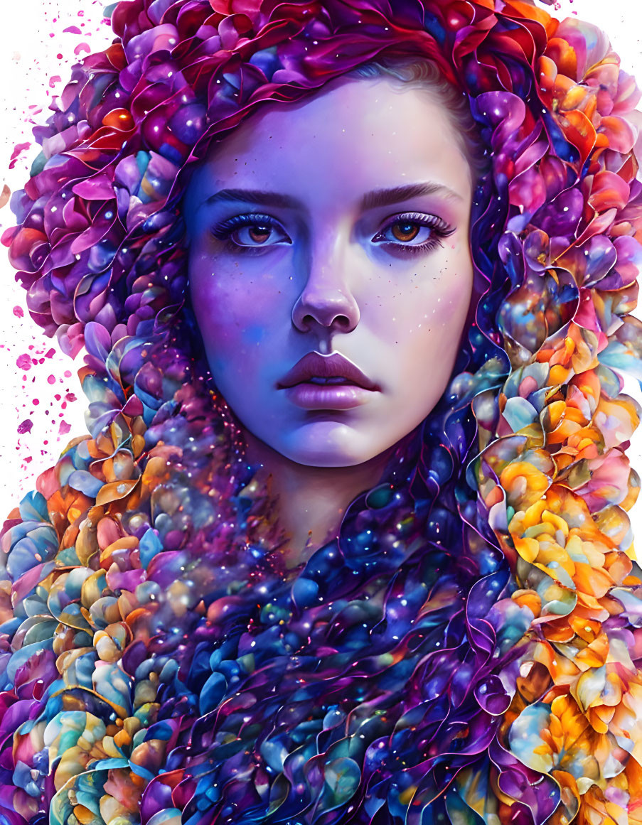 Colorful digital portrait of a woman with curly hair in pink, purple, orange, and blue hues