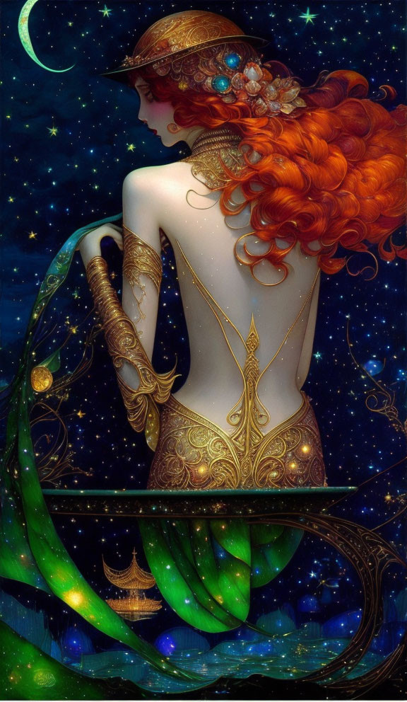 Illustration of woman with red hair and golden tattoos in celestial dress.