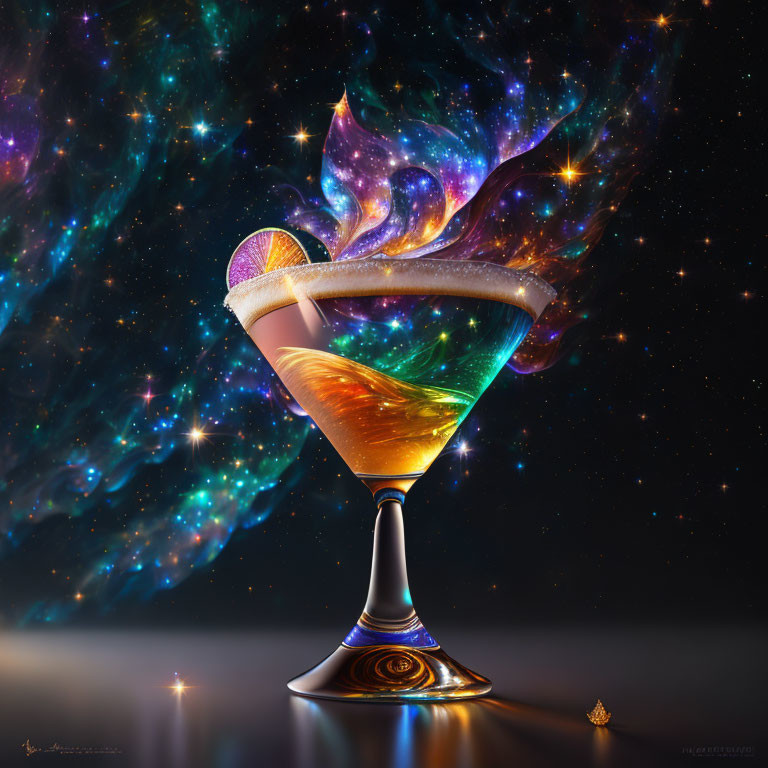 Cosmic-themed cocktail with orange slice and swirling mist on starry space backdrop