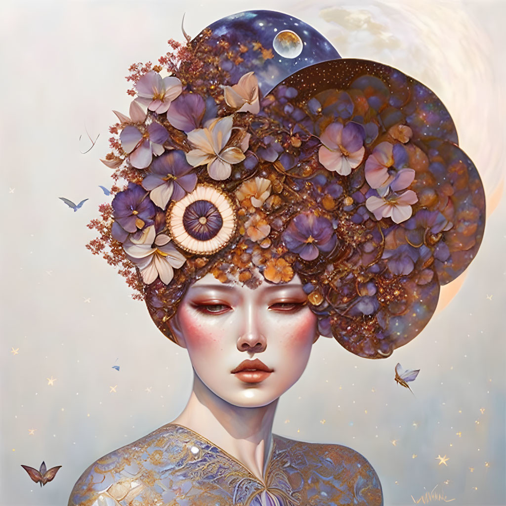 Celestial-themed woman with flower headdress and butterflies