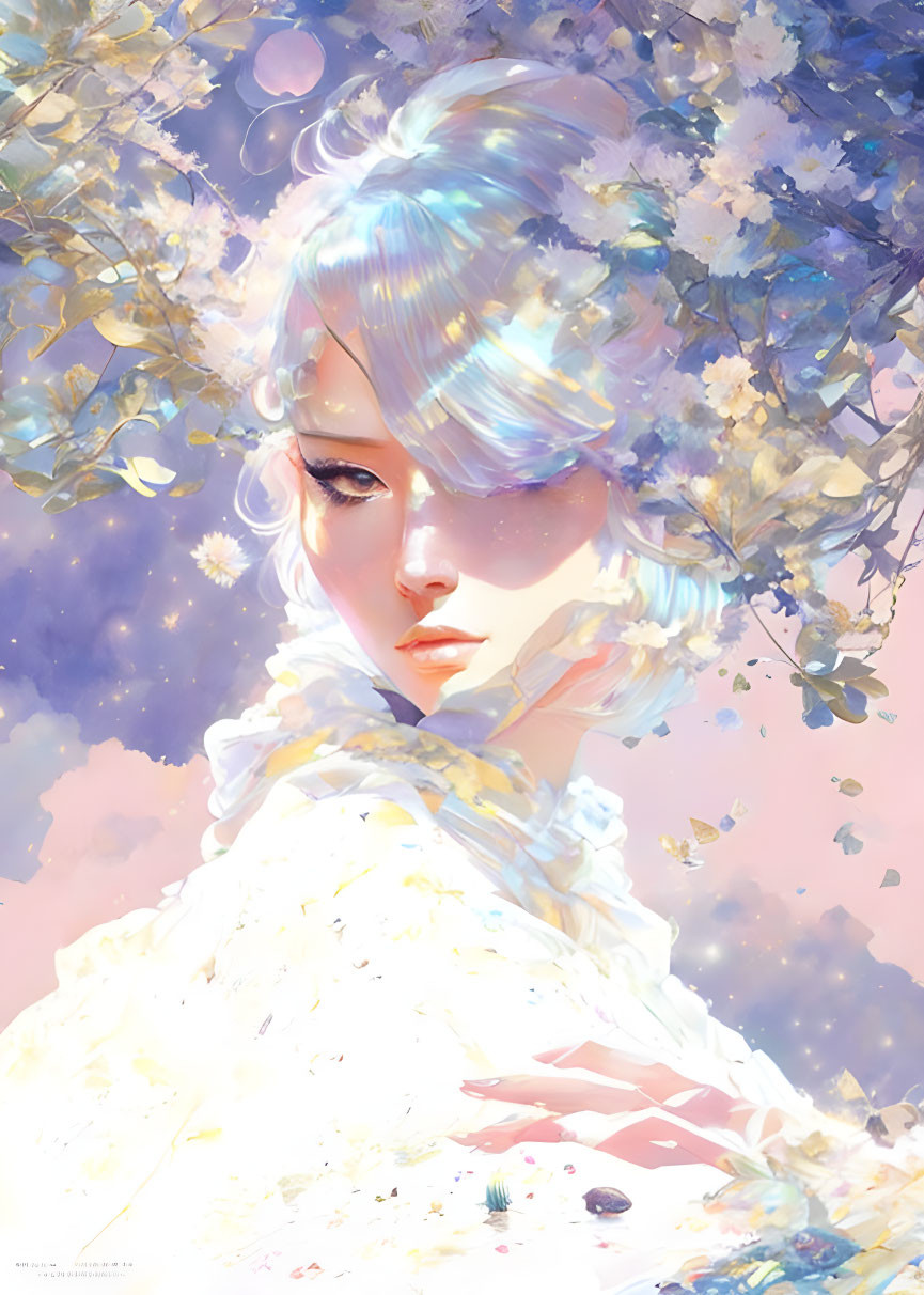 Ethereal illustration of person with pale hair among blossoming trees