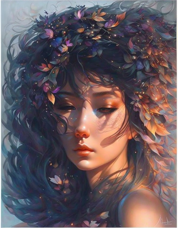 Illustrated woman with voluminous curly hair and floral adornments.