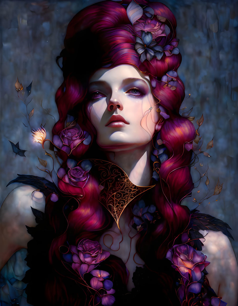 Vivid portrait of woman with purple hair and butterflies in moody setting