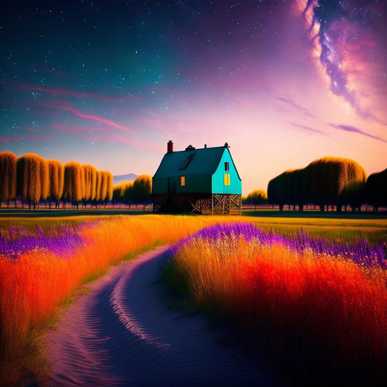 Colorful Twilight Sky Over Turquoise House and Flower Field