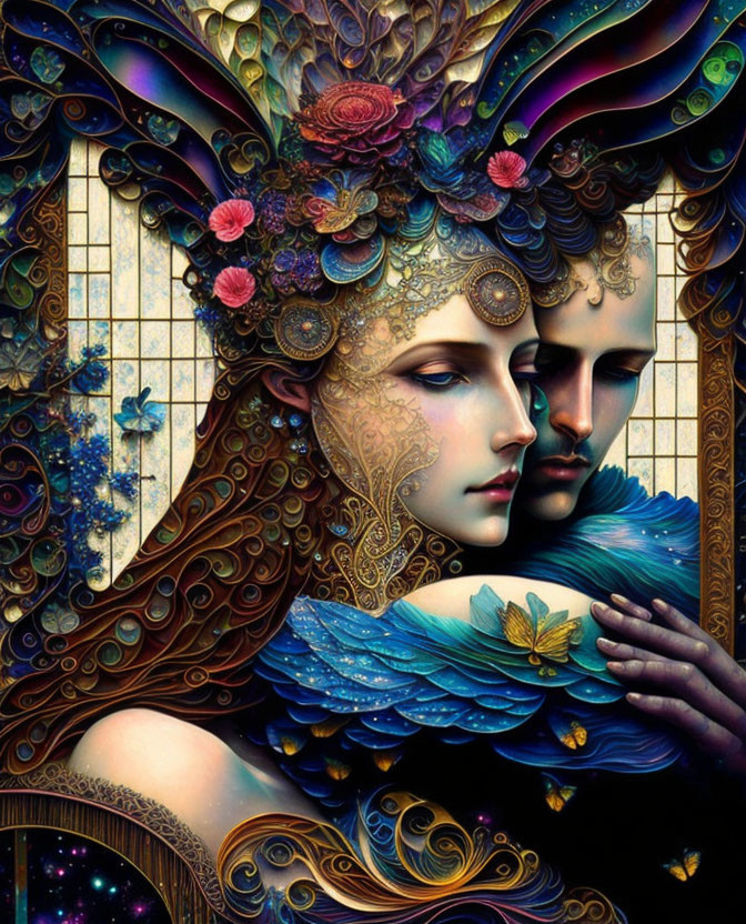 Stylized artwork of two figures in close embrace with ornate floral and celestial designs blending into cosmic