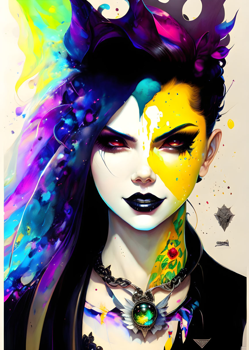 Detailed portrait of woman with dark hair, colorful paint strokes, yellow eyes, gothic attire.