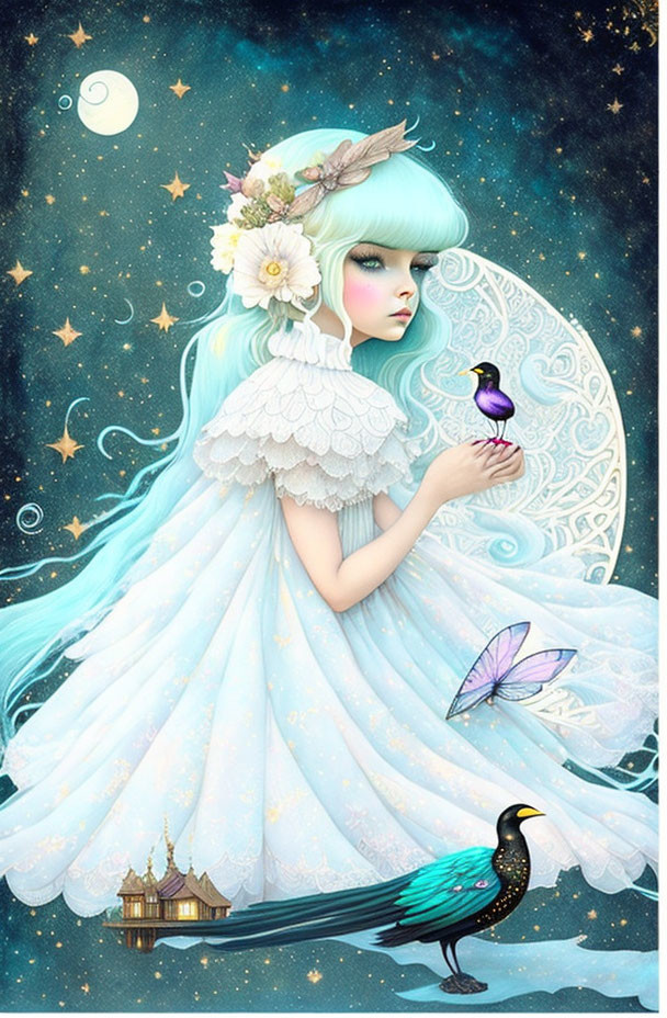 Fantasy illustration of woman in white dress with blue hair holding a bird among flowers, stars, and