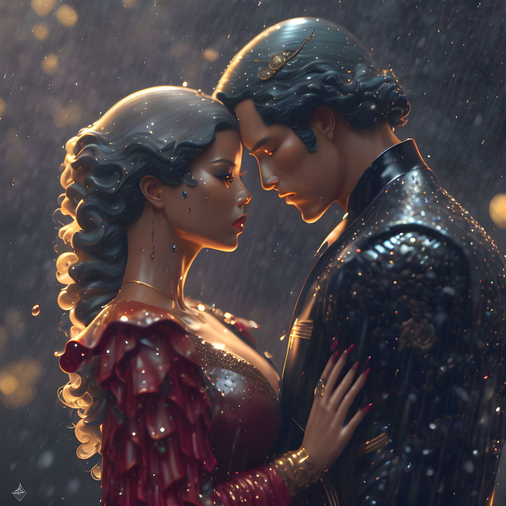 Stylized characters embracing in rain with wet hair and clothing