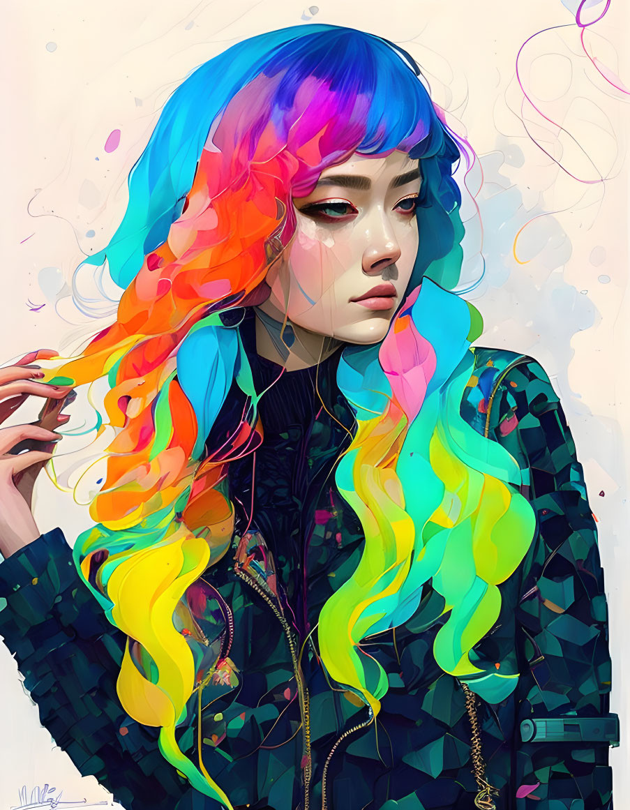 Vibrant rainbow-haired woman in pensive expression with patterned jacket