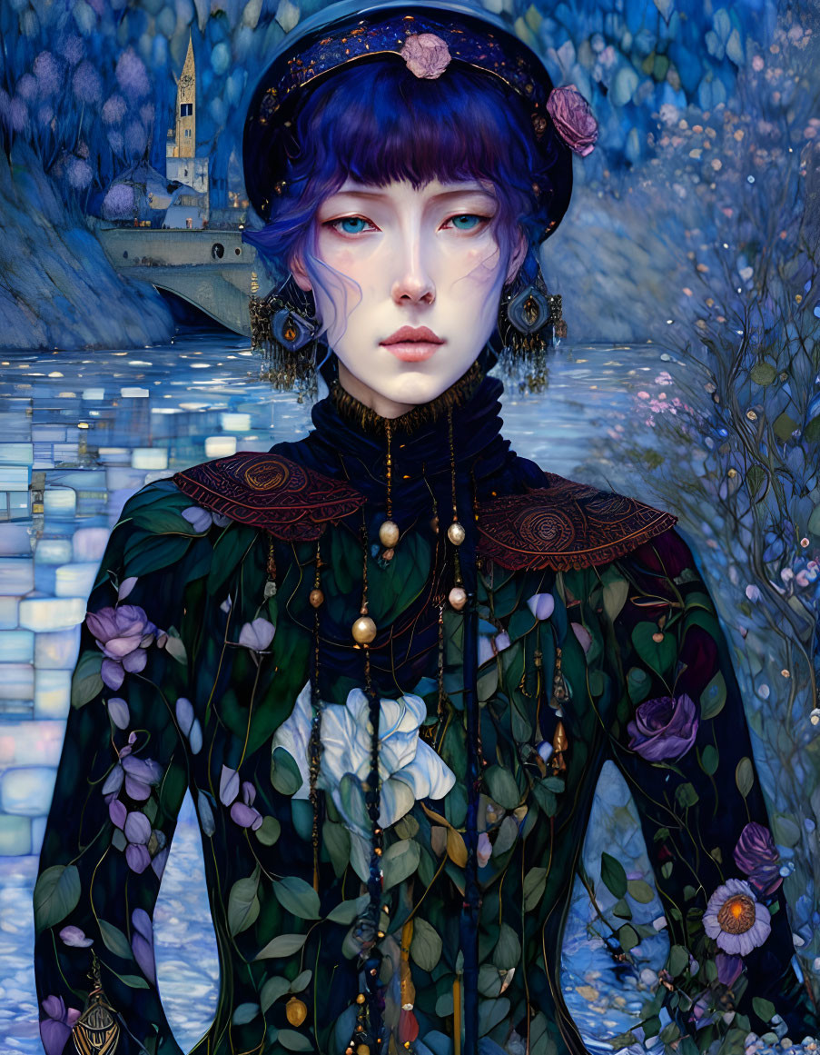 Person with Blue Hair in Elegant Dark Clothing on Nocturnal Castle Landscape