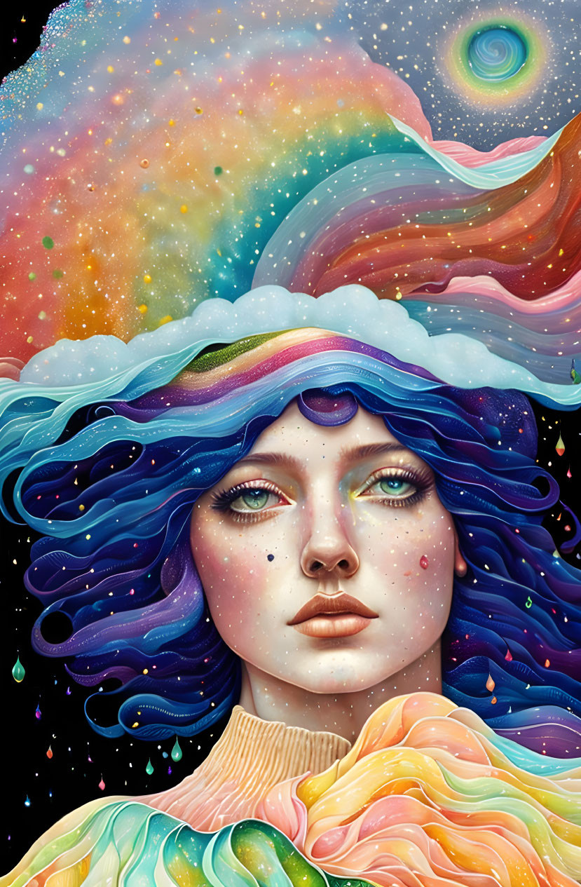 Surreal portrait of woman with blue hair in cosmic background