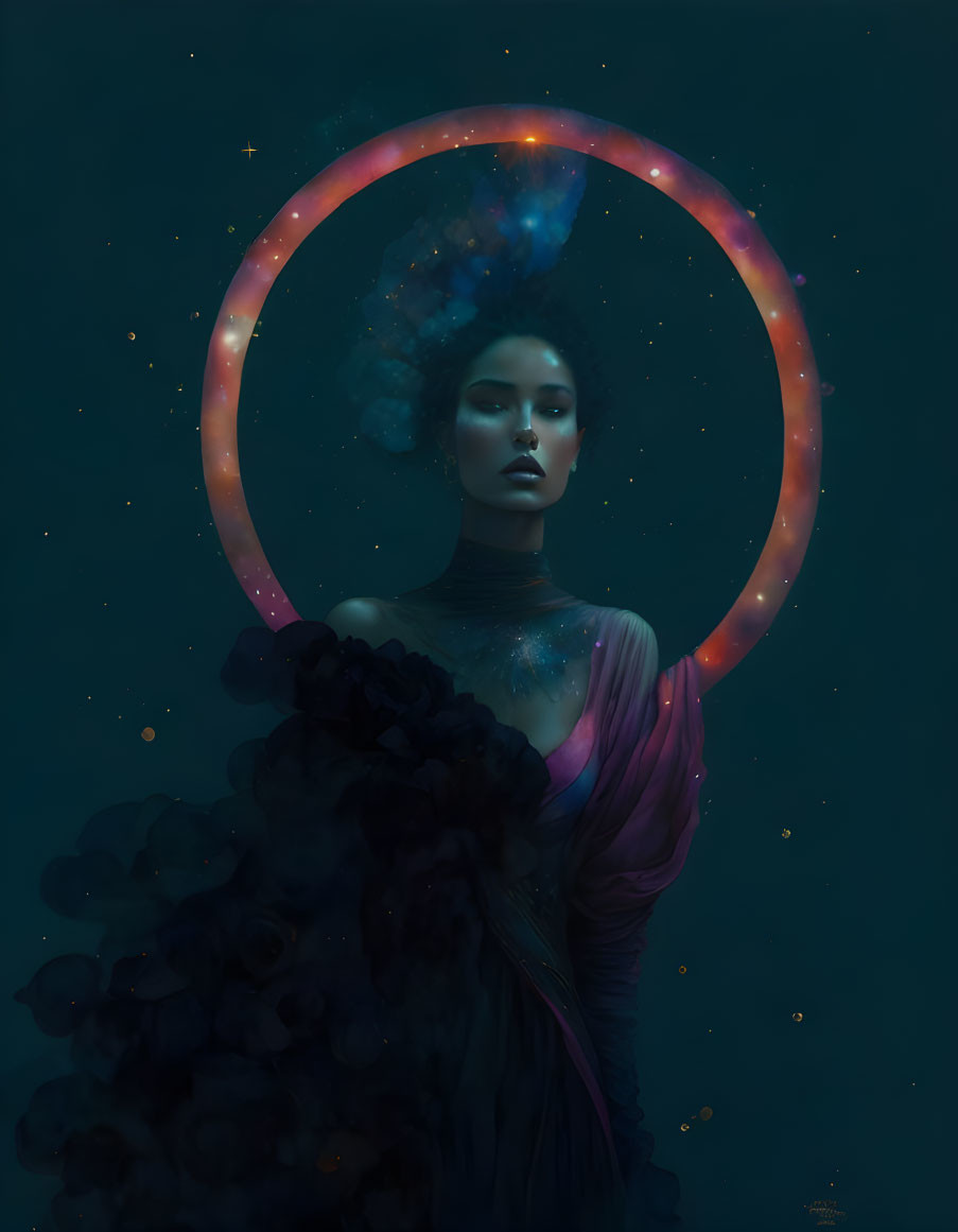 Surreal portrait of woman with nebula and stars on dark background