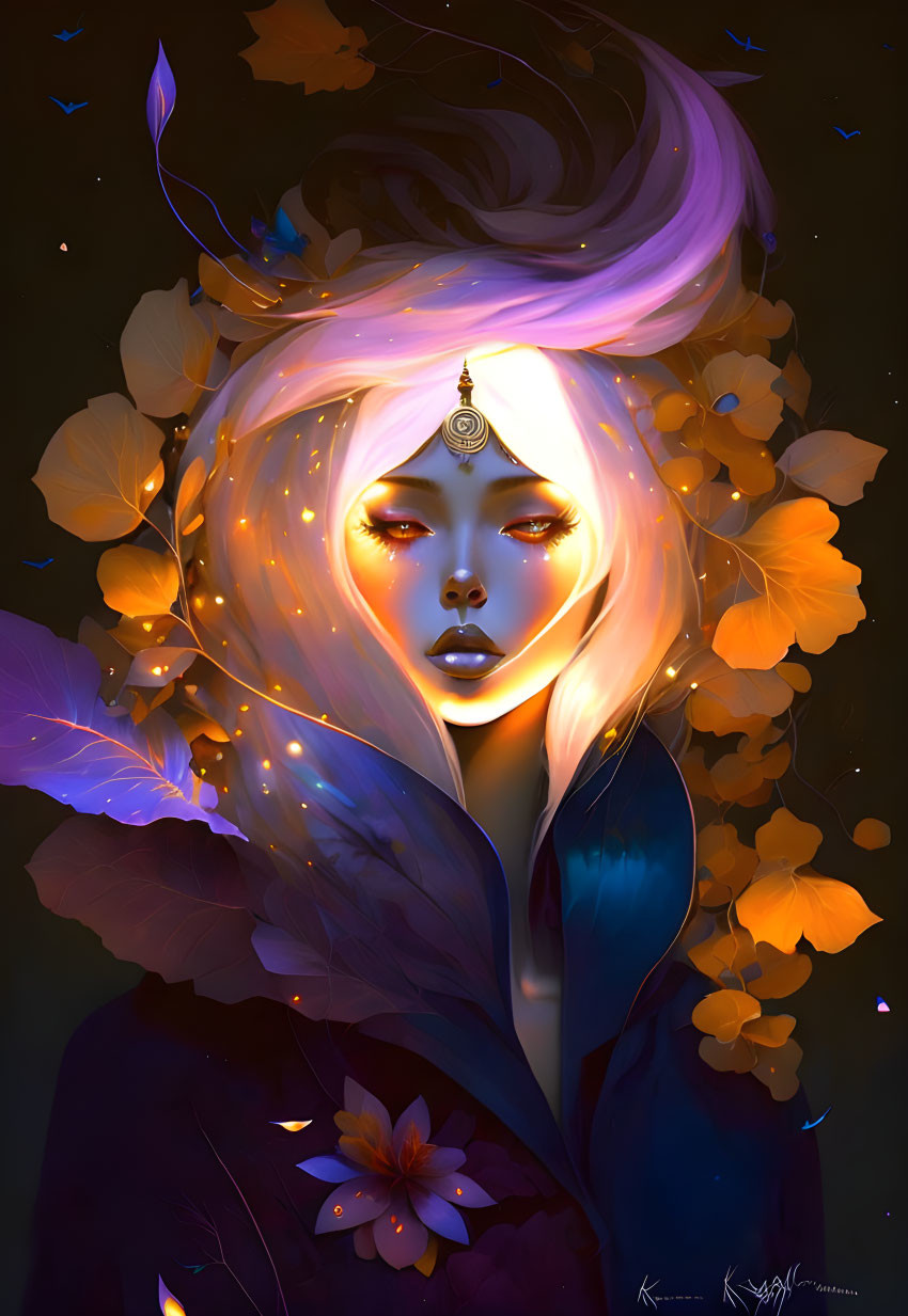 Ethereal woman with glowing hair and mystical ornament surrounded by luminescent leaves and flowers