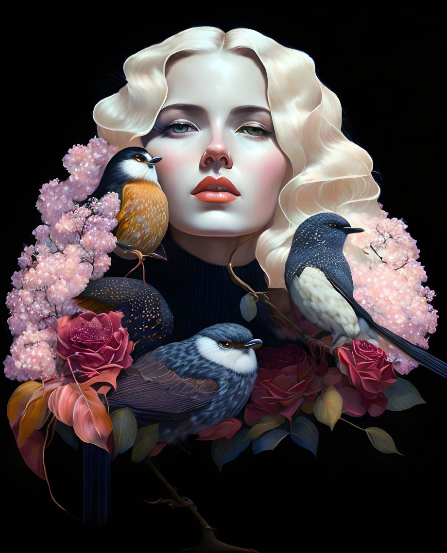 Colorful Birds and Flowers Surround Woman in Nature-Inspired Portrait