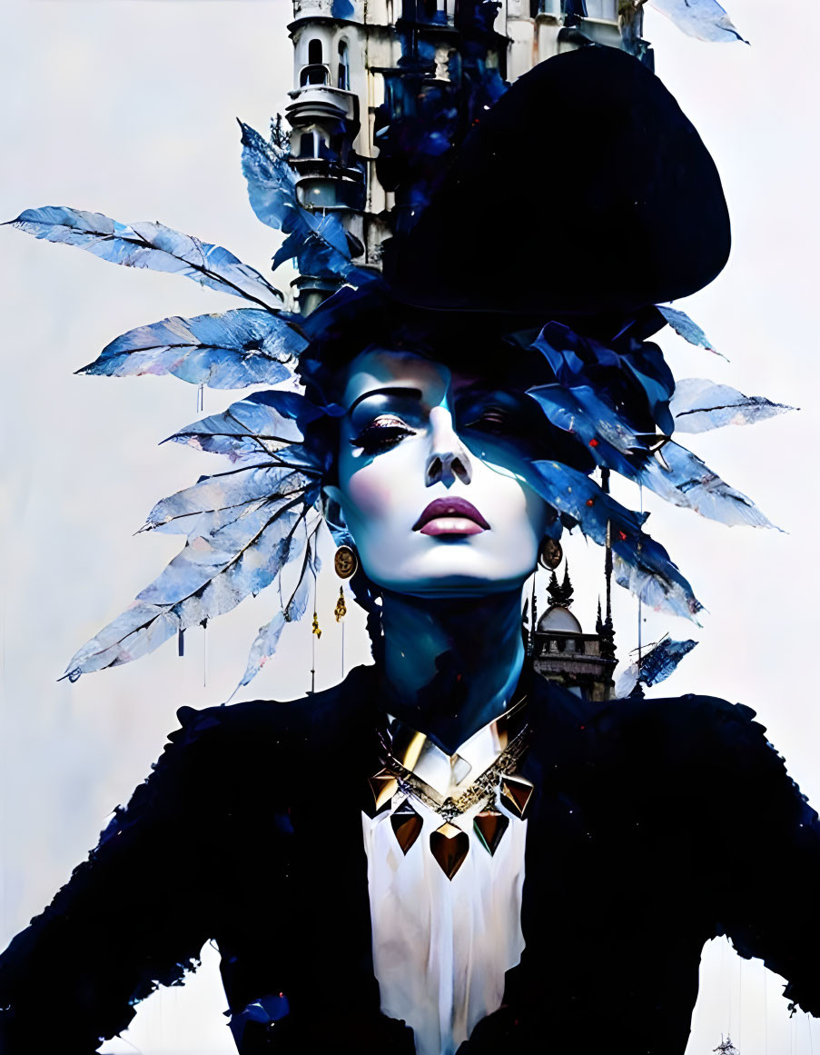 Woman with Large Black Hat, Blue Feathers, Bold Makeup, and Ornate Neckpiece in Architect