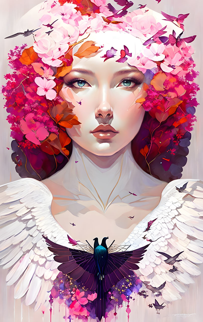 Illustration of woman with wings and floral adornments in surreal setting