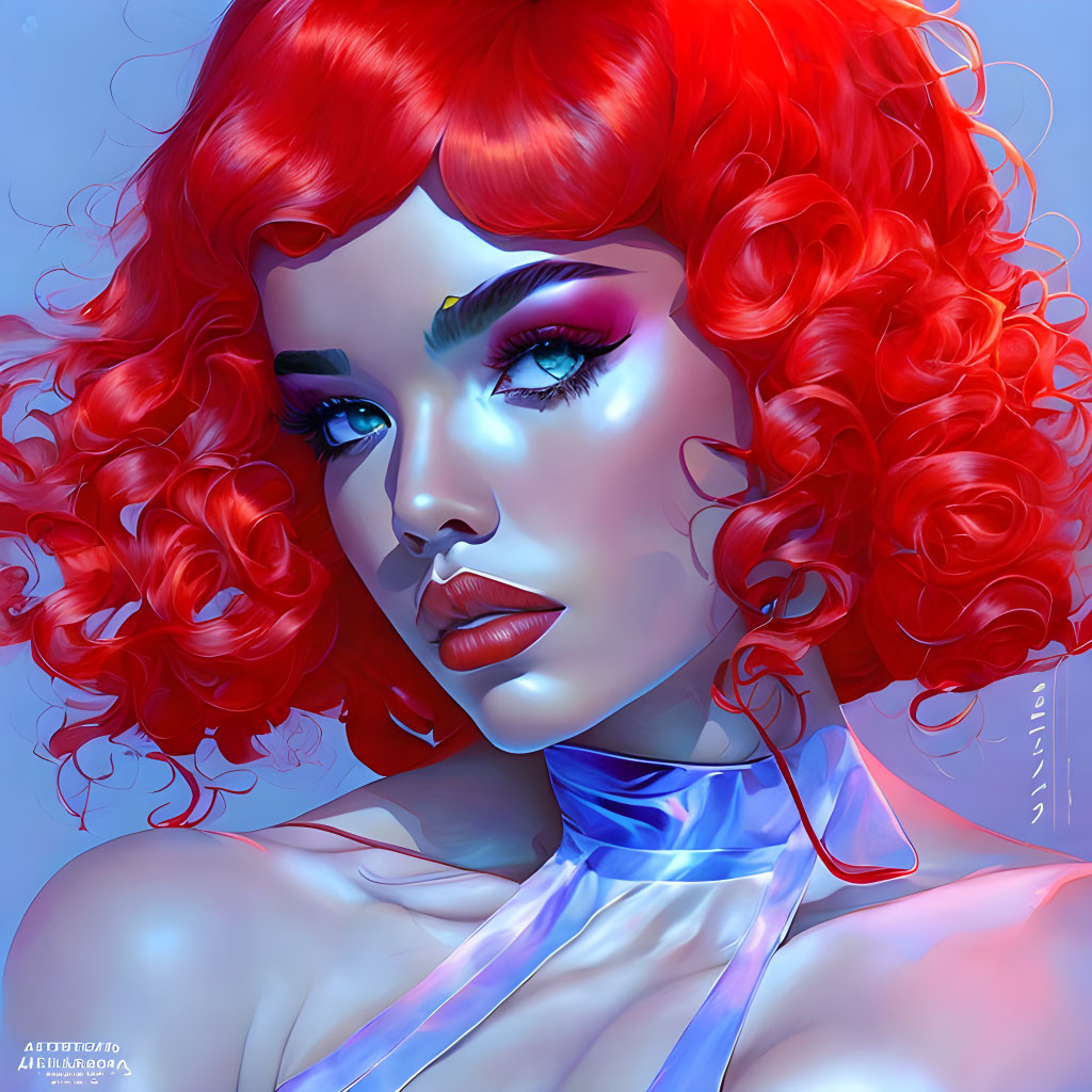 Vibrant red curly hair, bold makeup, pink eyeshadow, full lips, glossy blue