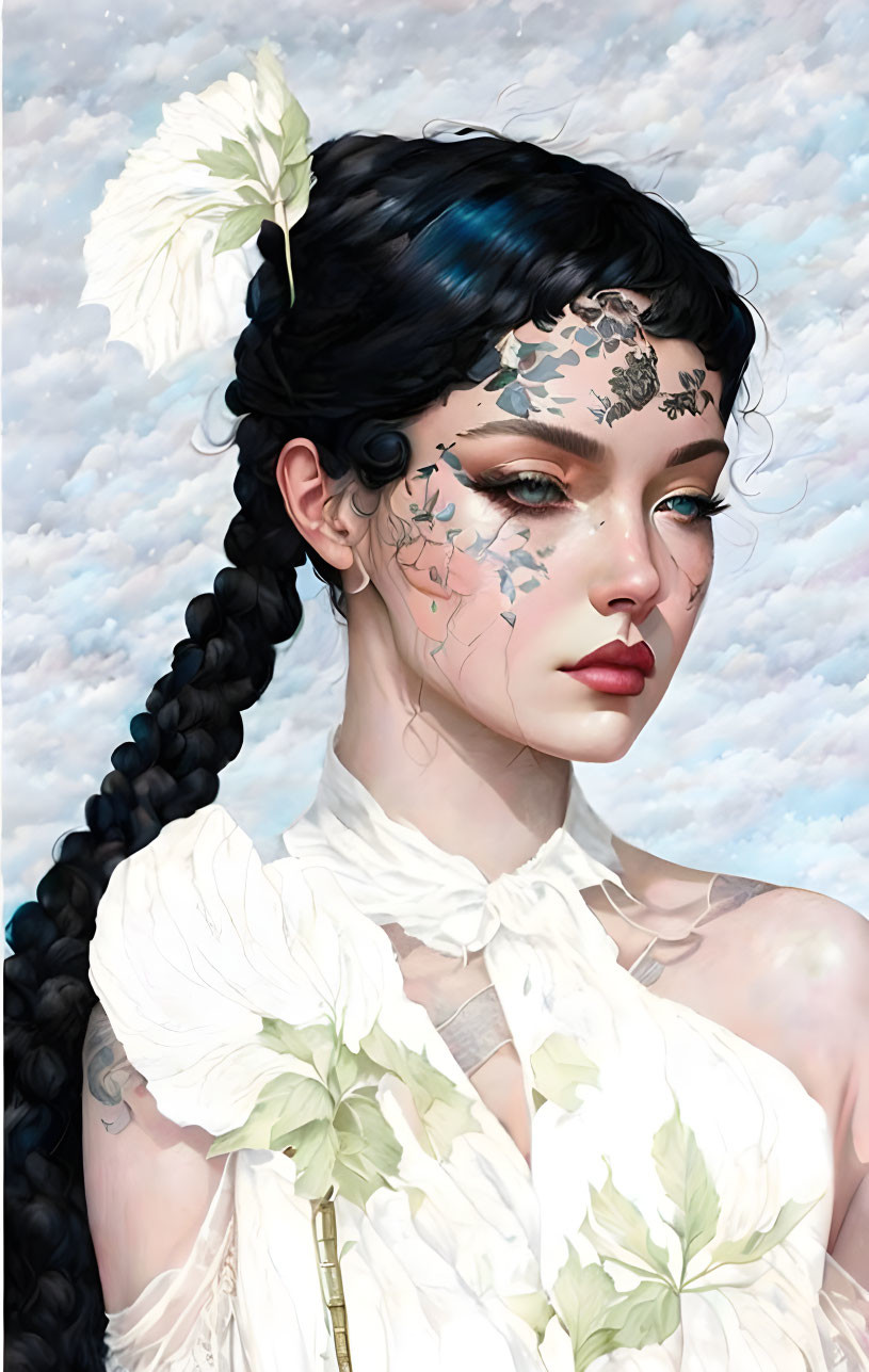 Digital artwork: Woman with black hair, braid, floral face patterns, white flowers, white r