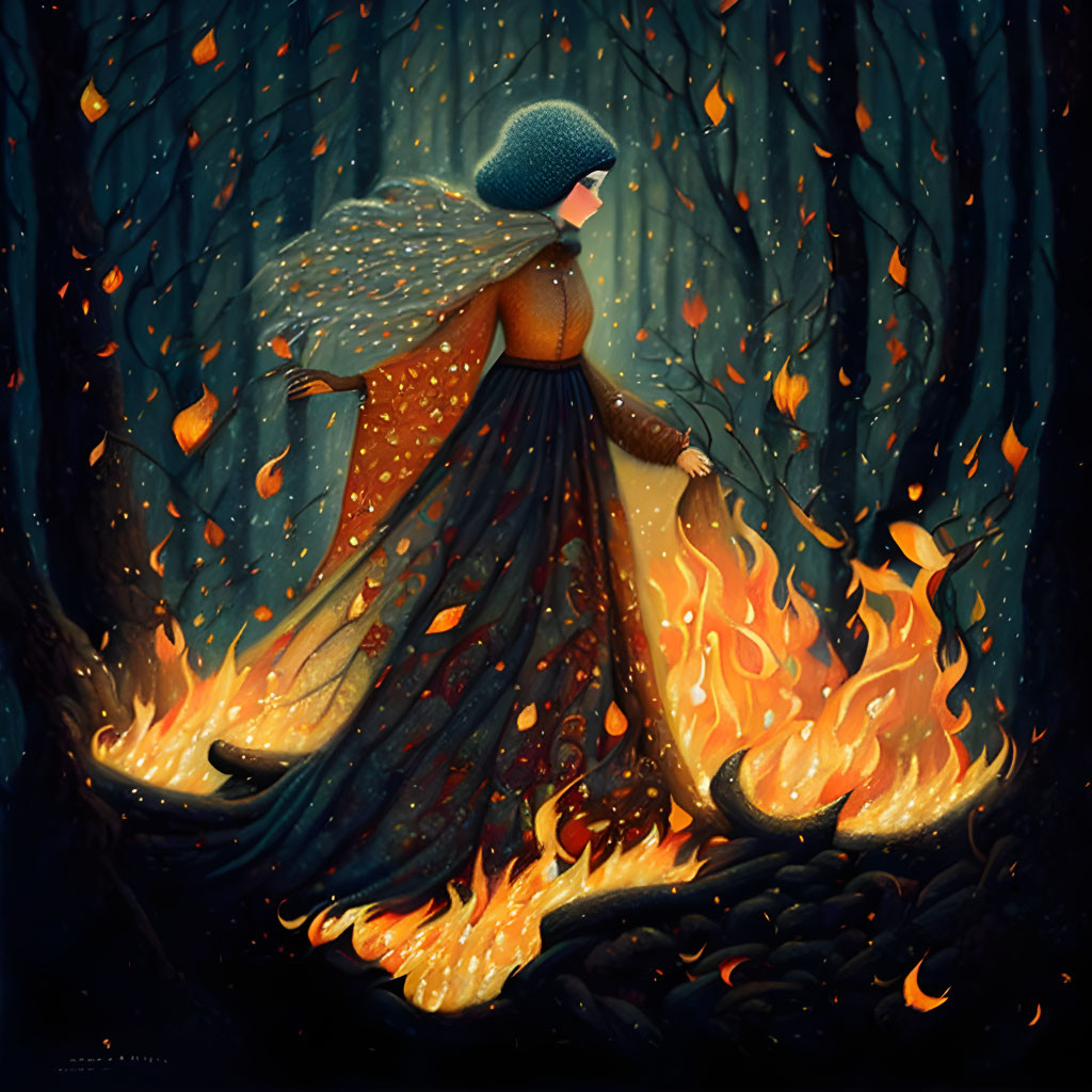 Cloaked Figure in Dark Forest Surrounded by Flames and Falling Ember